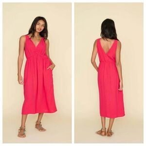 Xirena Faedra Midi Dress Cotton Gauze V-Neck Sleeveless Ruched Front Pockets